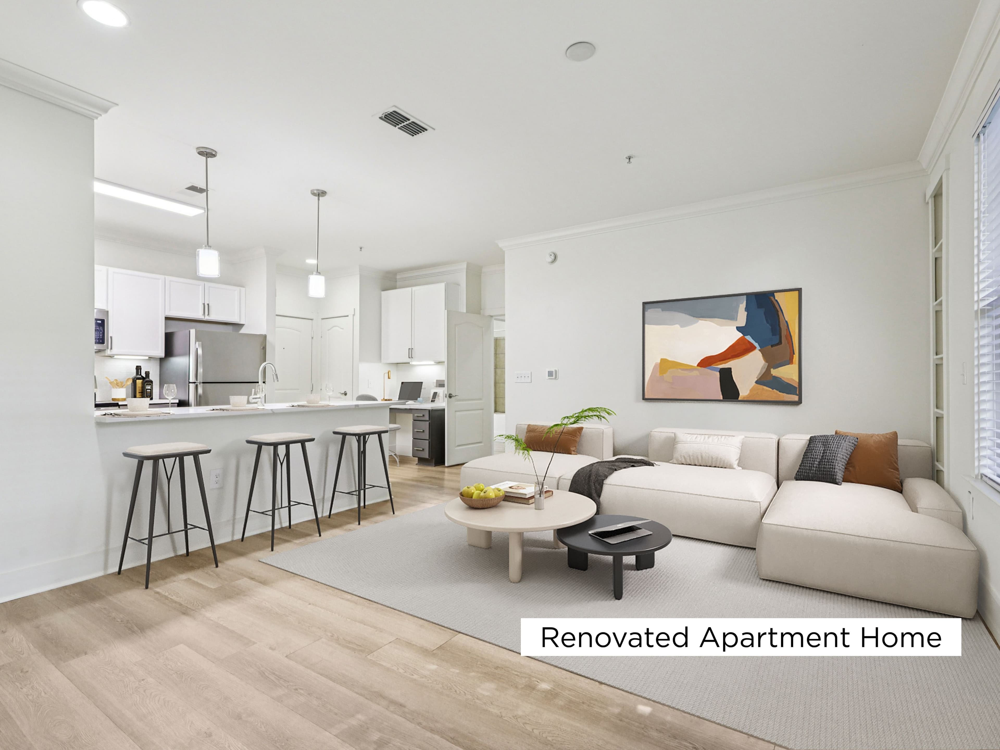 Living Room and Kitchen Renovated Apartment Home
